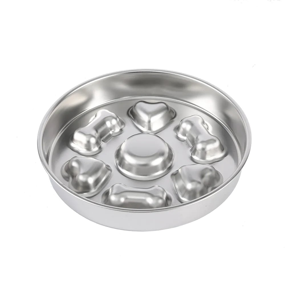 Round stainless steel slow-feeder bowl with raised bone and heart shapes