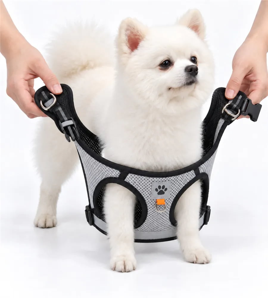 White dog with both front legs through a gray step-in mesh harness while hands hold the back panels open before fastening.