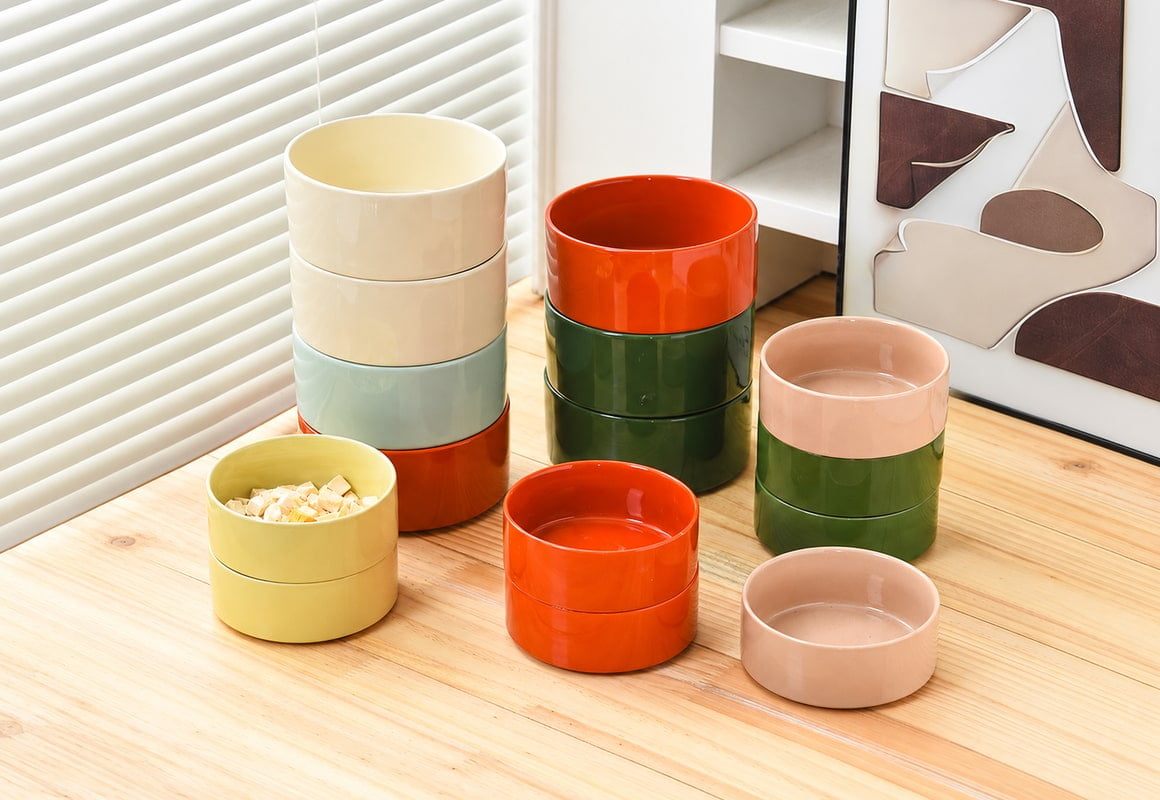 Straight-sided ceramic pet bowls in assorted colors and sizes