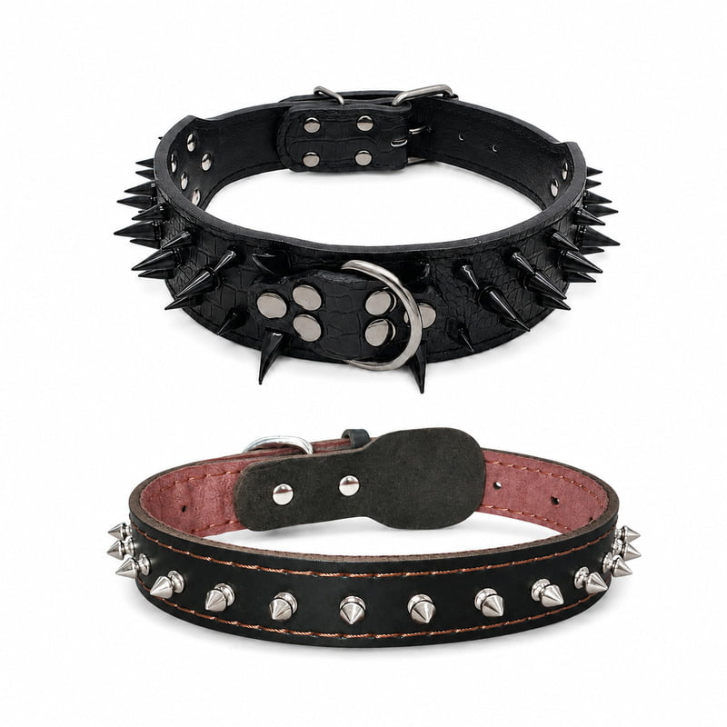 Two black decorative dog collars with long black spikes and short silver studs
