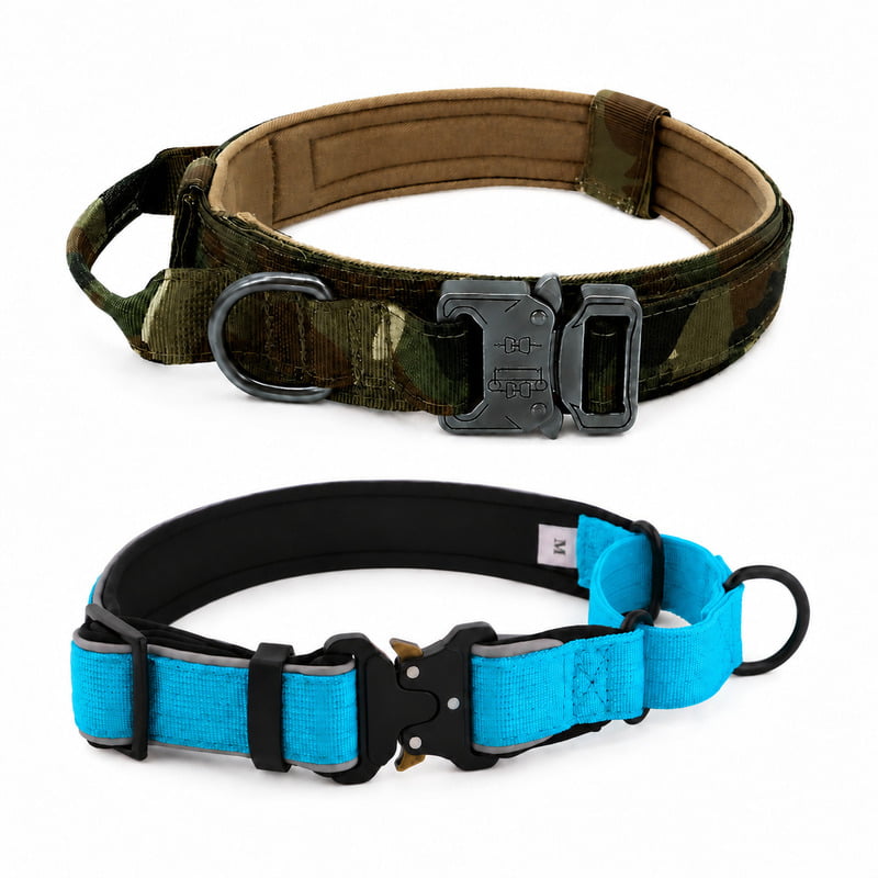 Camouflage tactical dog collar with a handle and blue padded martingale dog collar