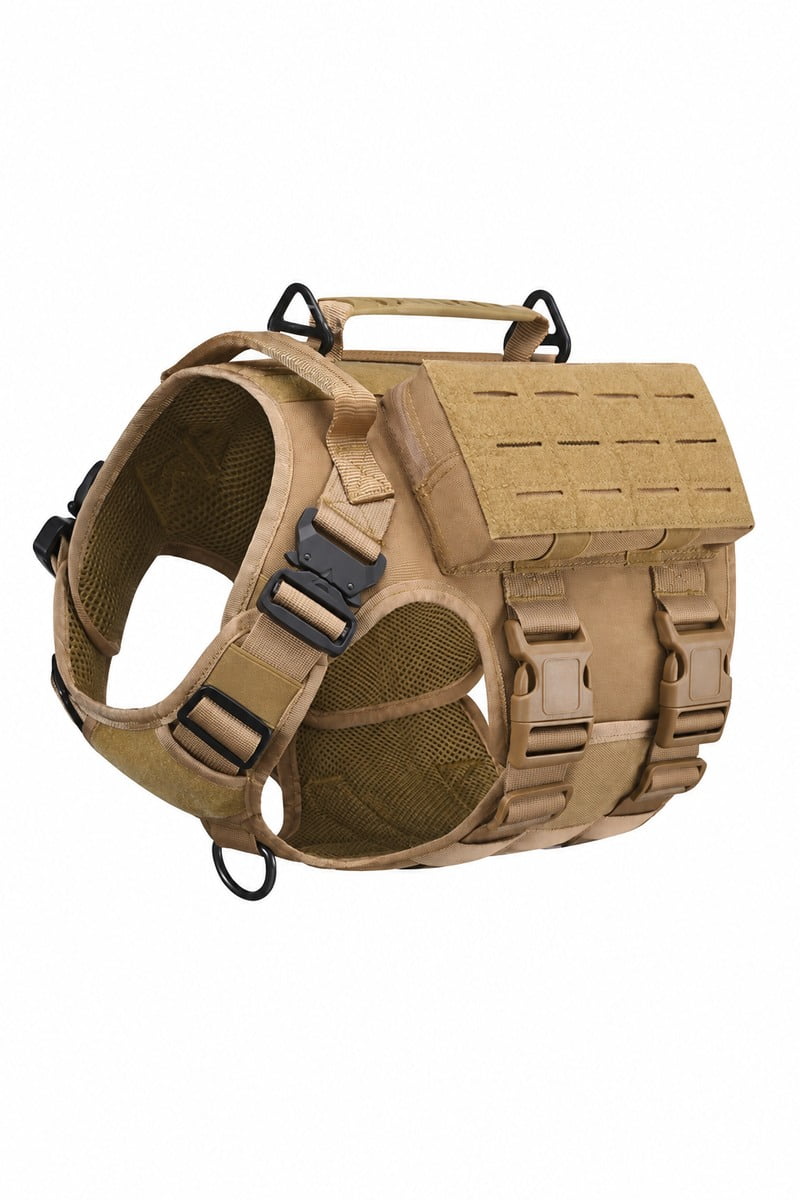 Tan tactical dog harness with a top handle, side pouch, adjustable straps and buckle closures.