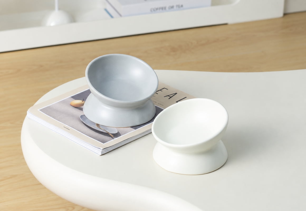 Pale blue and white tilted ceramic pet bowls with angled openings and pedestal bases