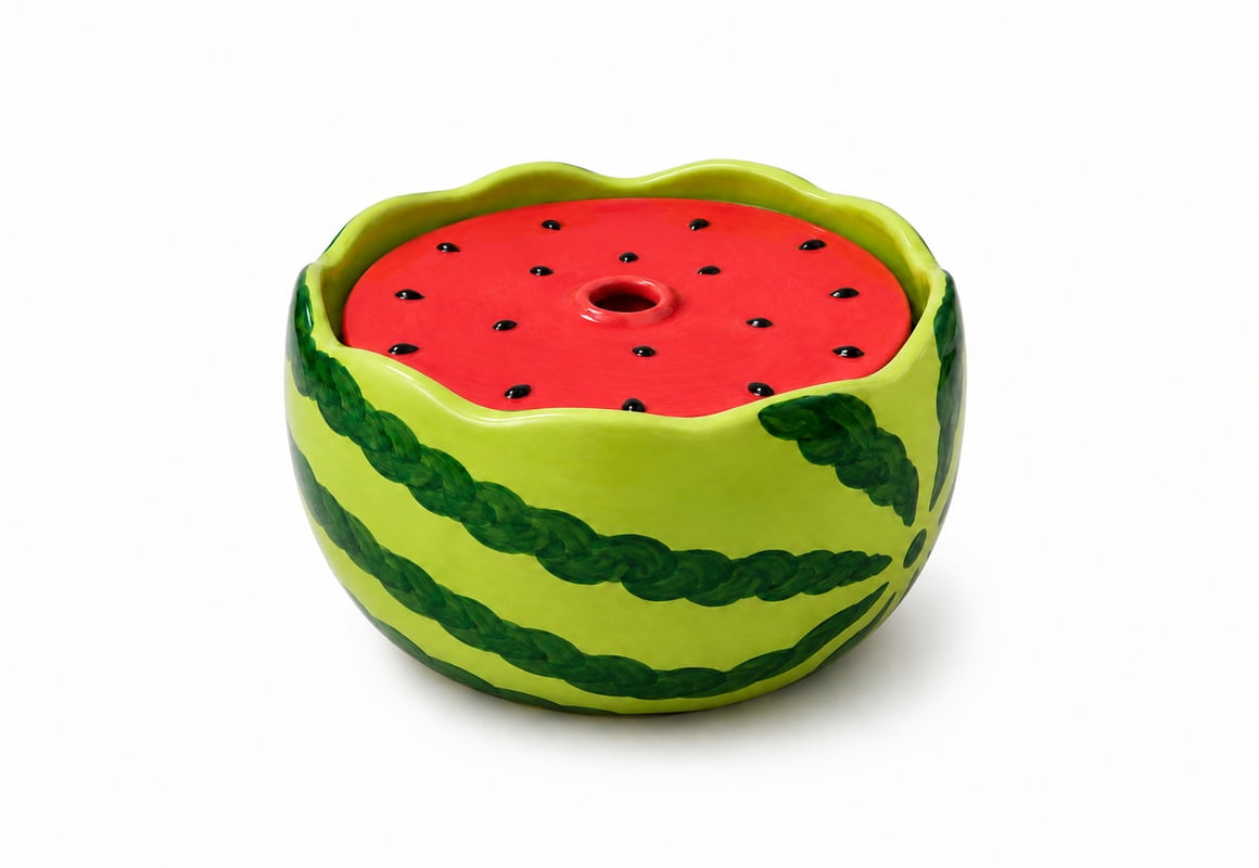 Watermelon-pattern ceramic pet fountain with a green striped body and red seed-pattern top