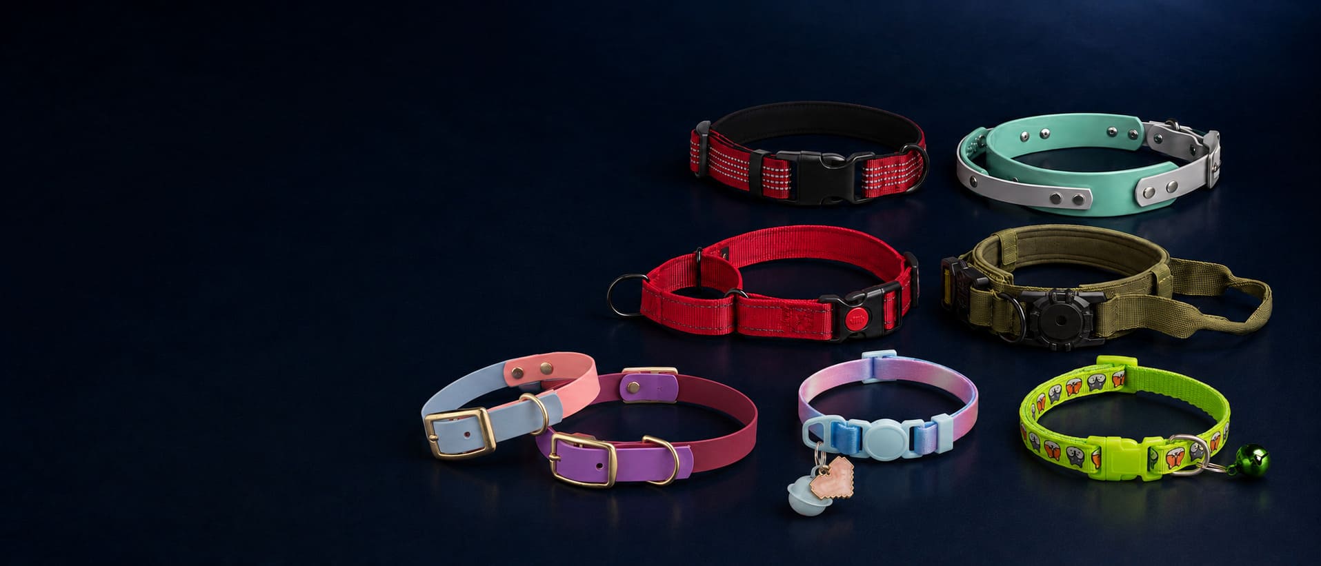 Wholesale pet collars for dogs and cats, including reflective, tactical, color-block and bell collars
