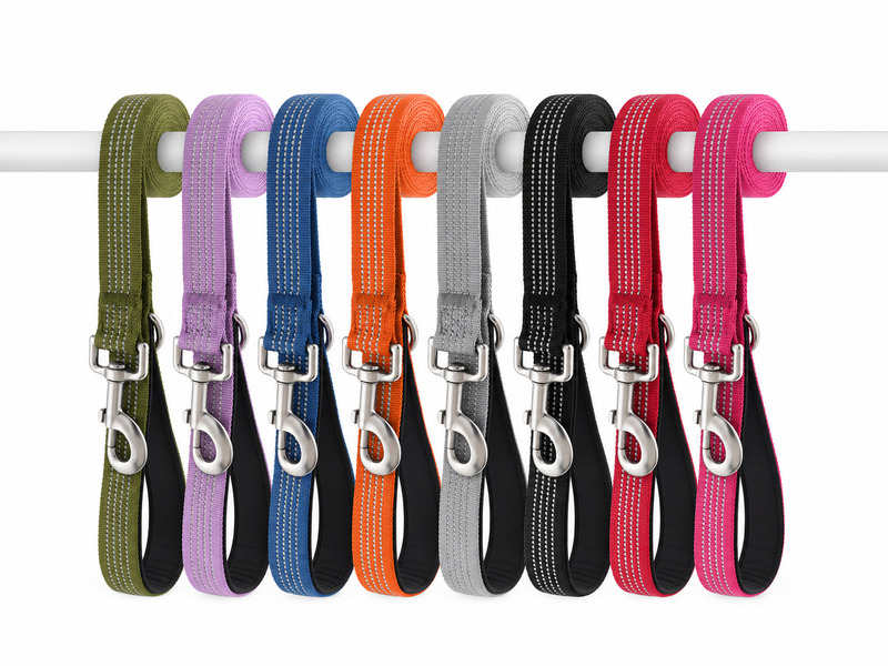 Reflective dog leashes in eight color options for wholesale orders, with padded handles and silver snap hooks