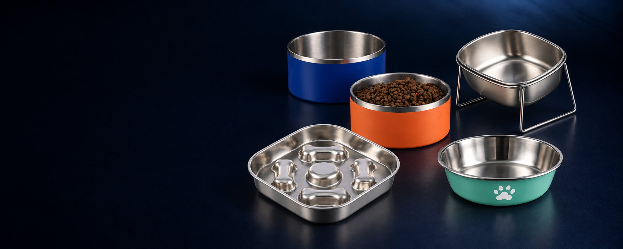 Wholesale stainless steel pet bowls in colored, elevated and slow-feeder designs