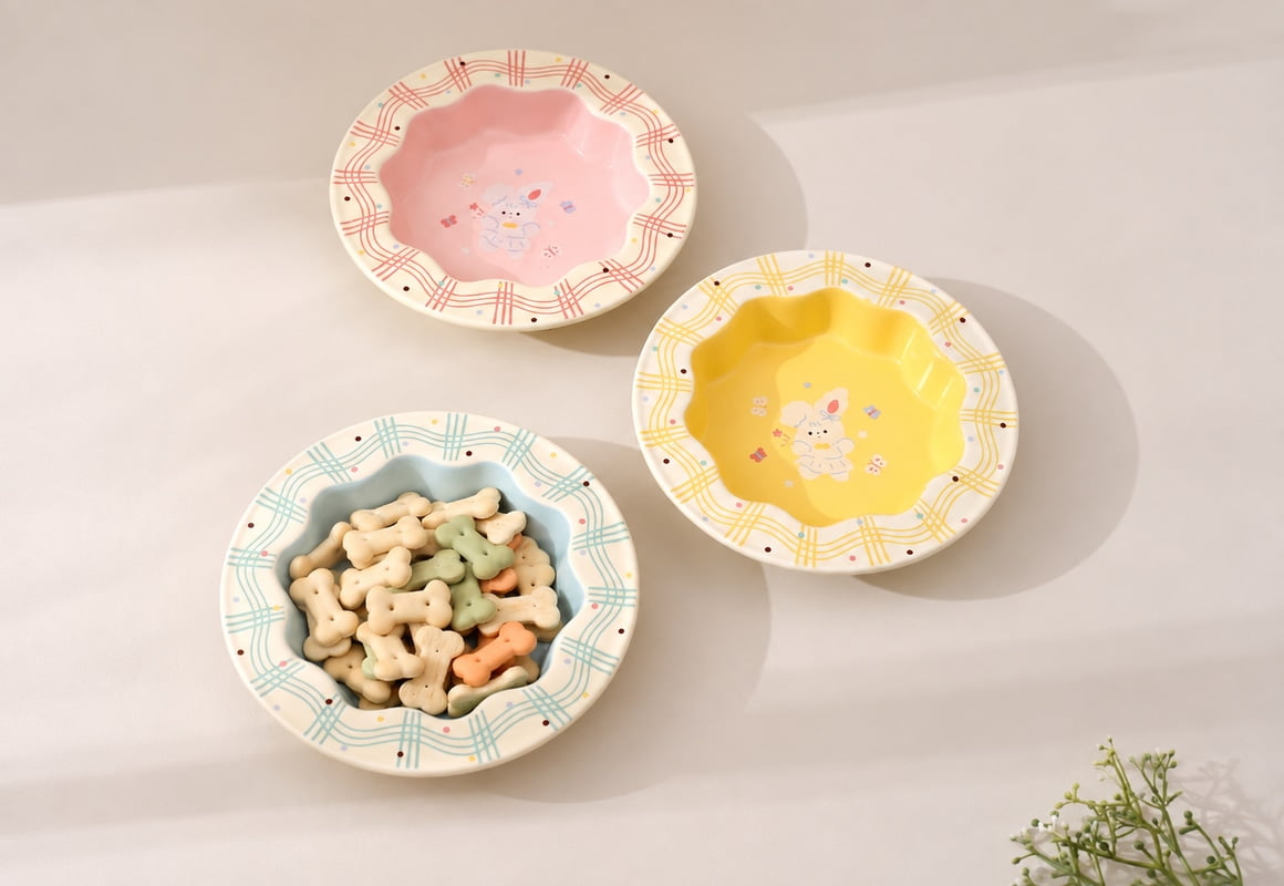 Wide, shallow ceramic pet bowls with scalloped edges and pastel plaid designs