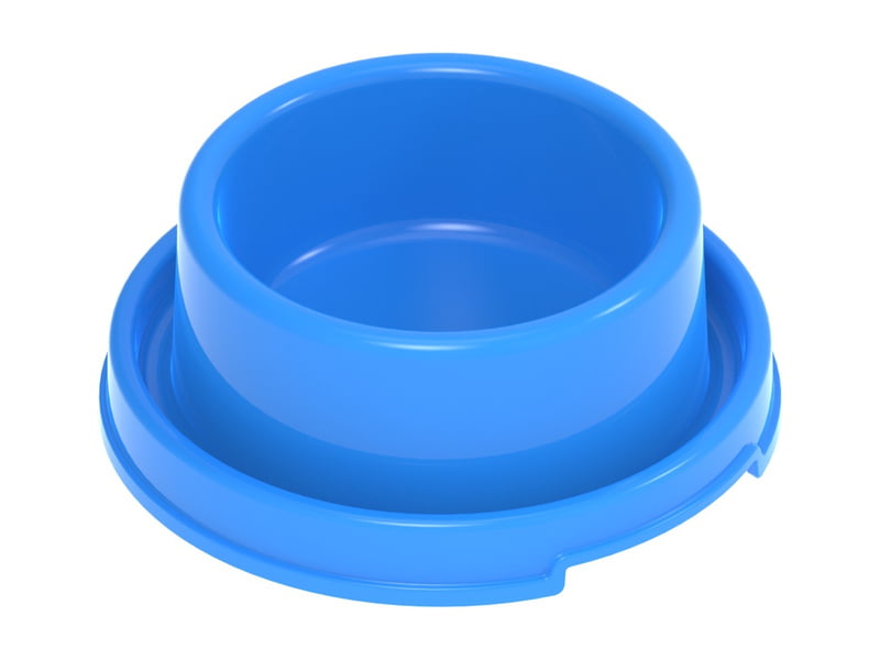 Blue plastic pet bowl with a raised center bowl and wide outer ring