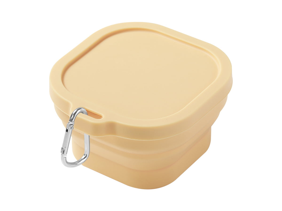 Yellow collapsible pet bowl with a matching lid and metal carabiner clip