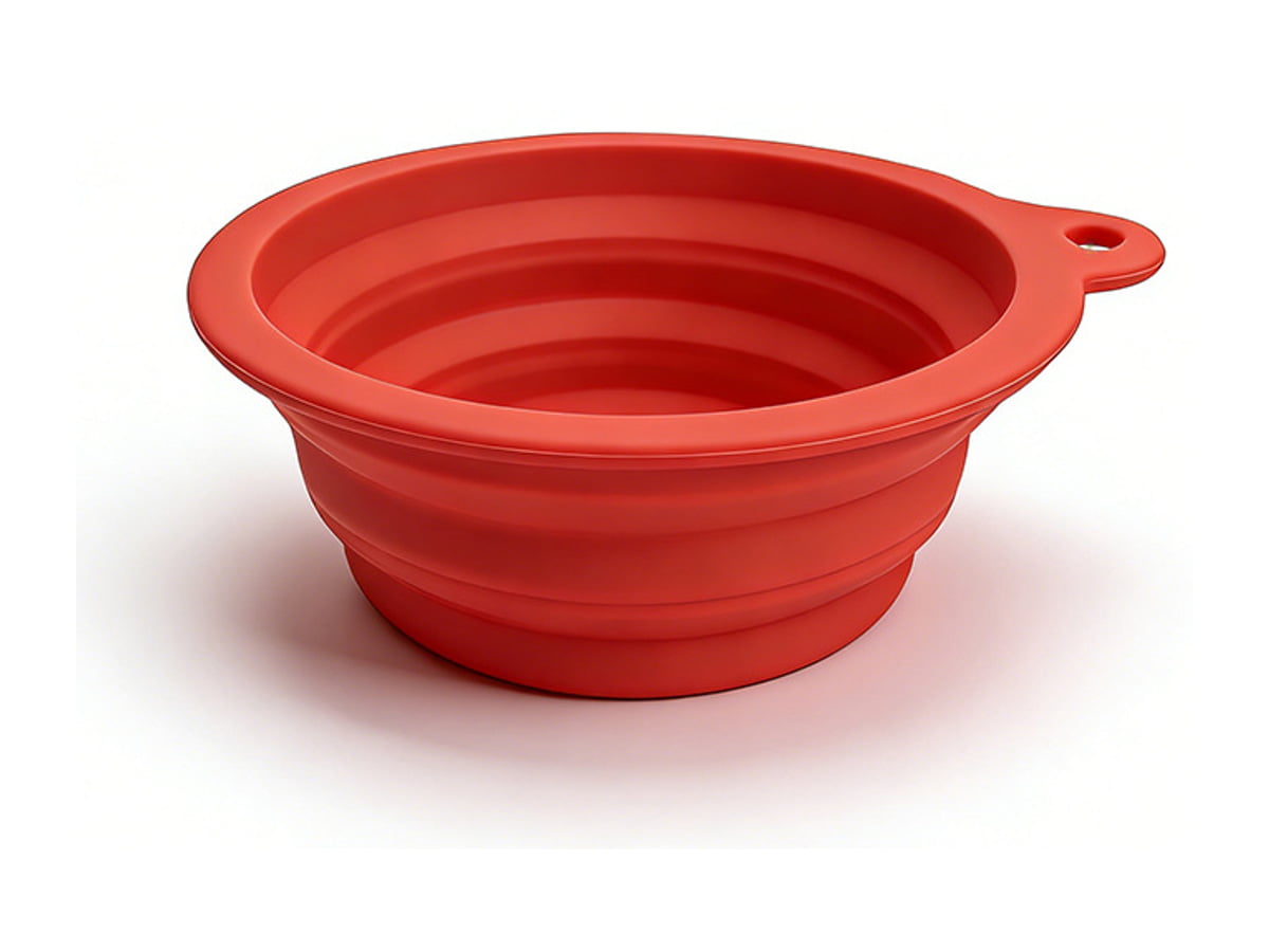 Red collapsible pet bowl shown expanded with folding sides and a hanging hole