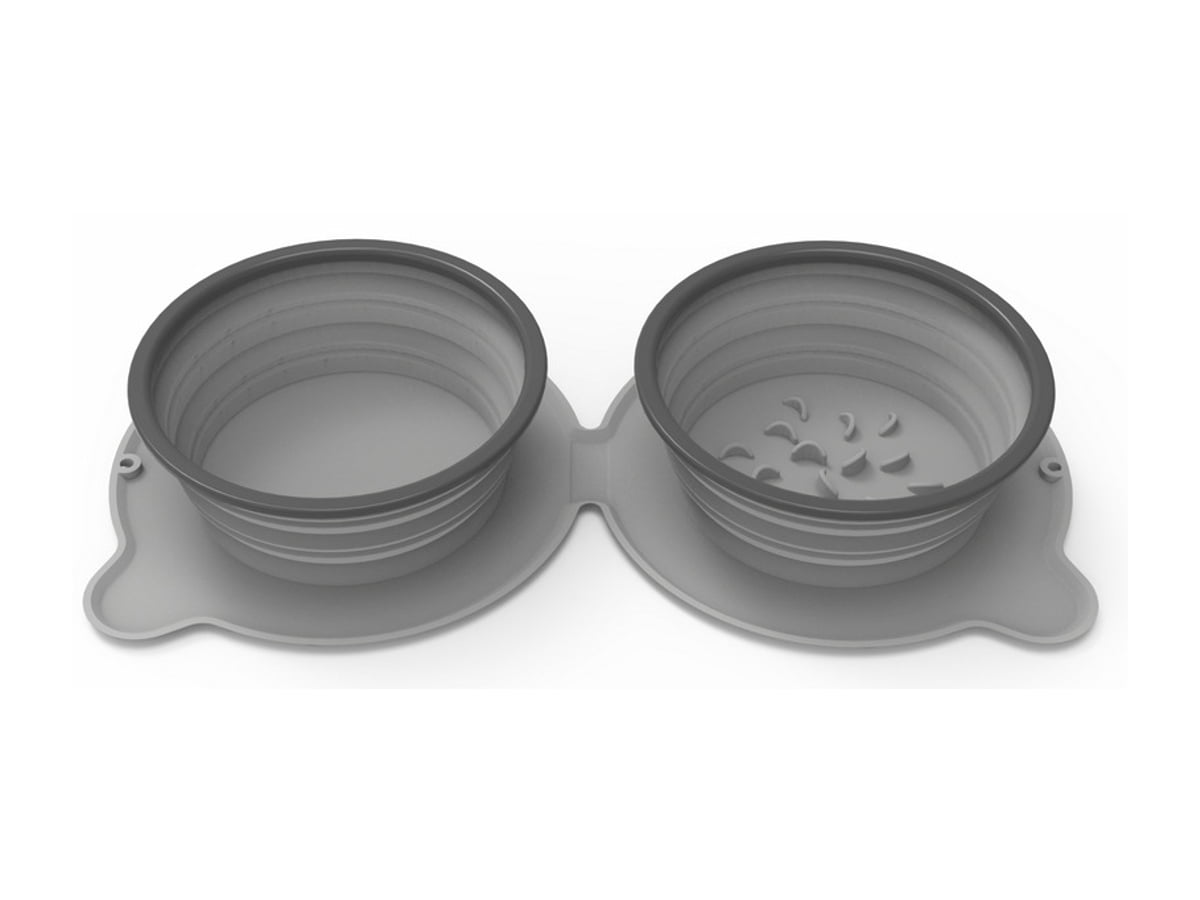 Gray connected double pet bowl with collapsible sides and slow-feeder ridges in one bowl