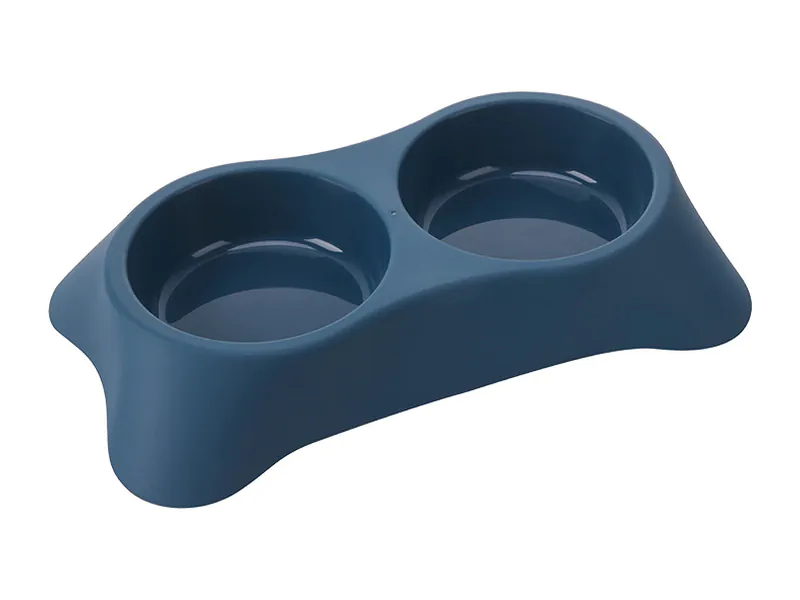 Navy double plastic pet bowl with two integrated feeding compartments
