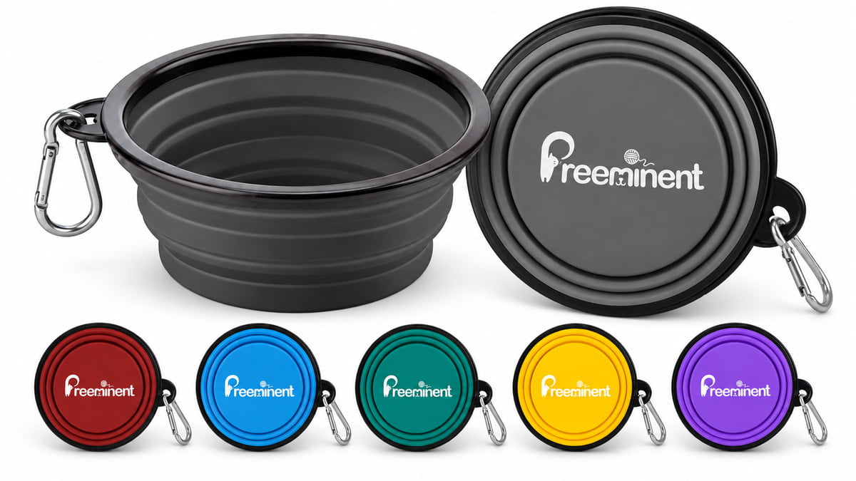 Custom logo mockup on collapsible pet bowls with white Preeminent branding and five color options