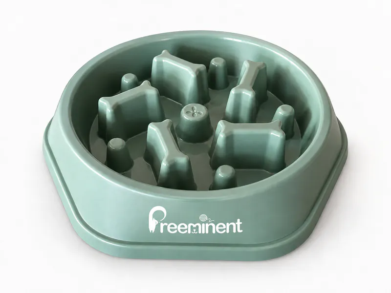 Green plastic slow-feeder pet bowl with a white Preeminent logo placement mockup
