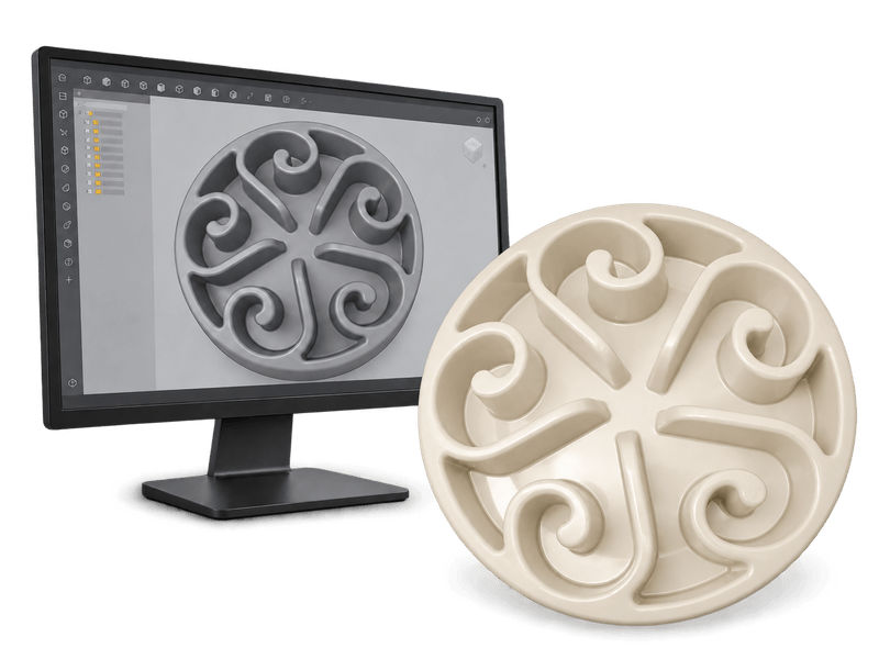 Custom plastic slow-feeder bowl concept showing a 3D model on screen and an ivory bowl visualization