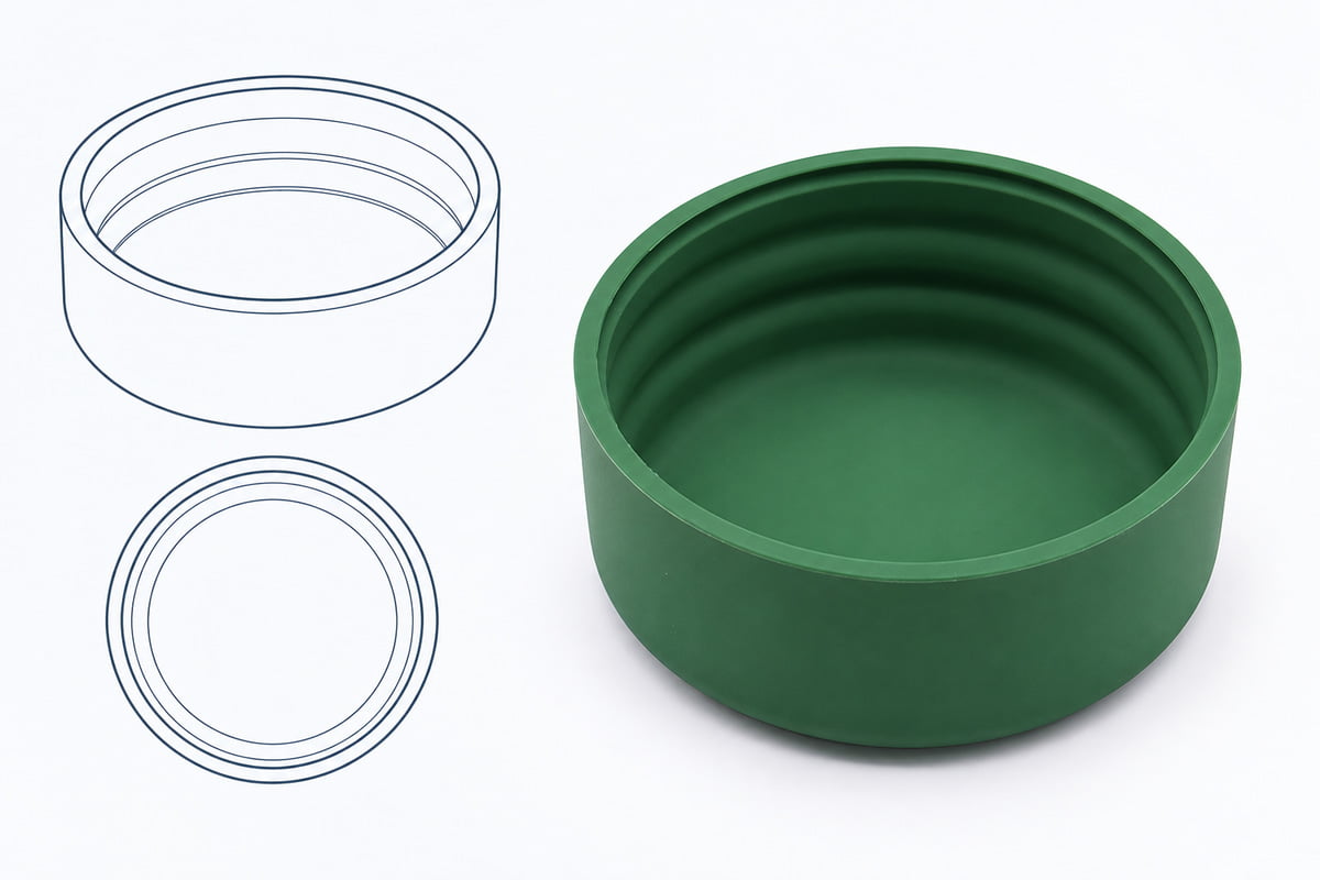 Silicone pet bowl design concept with outline drawings and a green bowl rendering