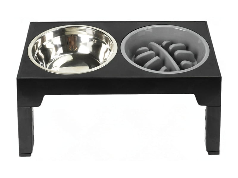 Elevated double pet bowl stand with stainless steel and plastic slow-feeder inserts