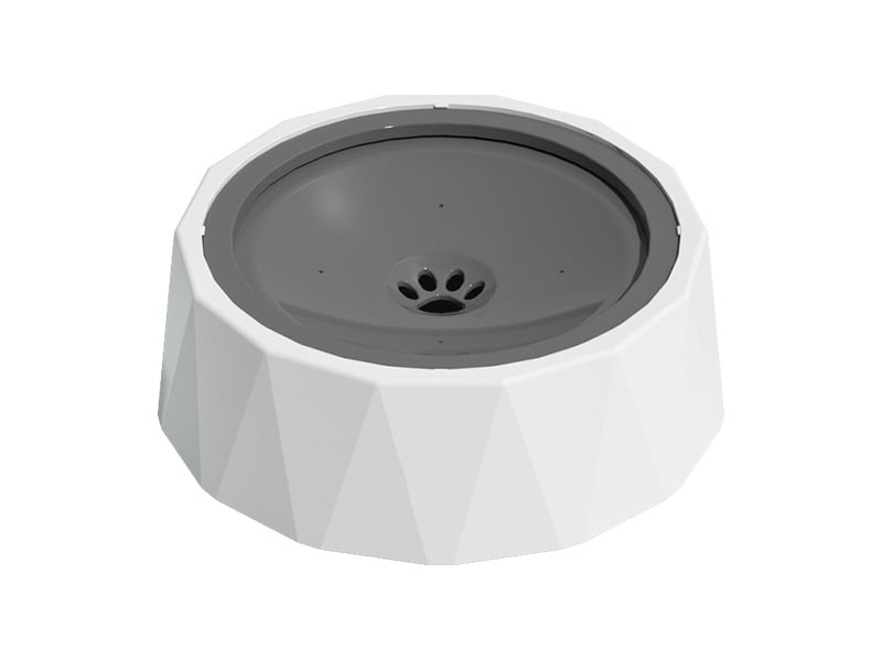 White plastic pet water bowl with a gray floating disk for spill control