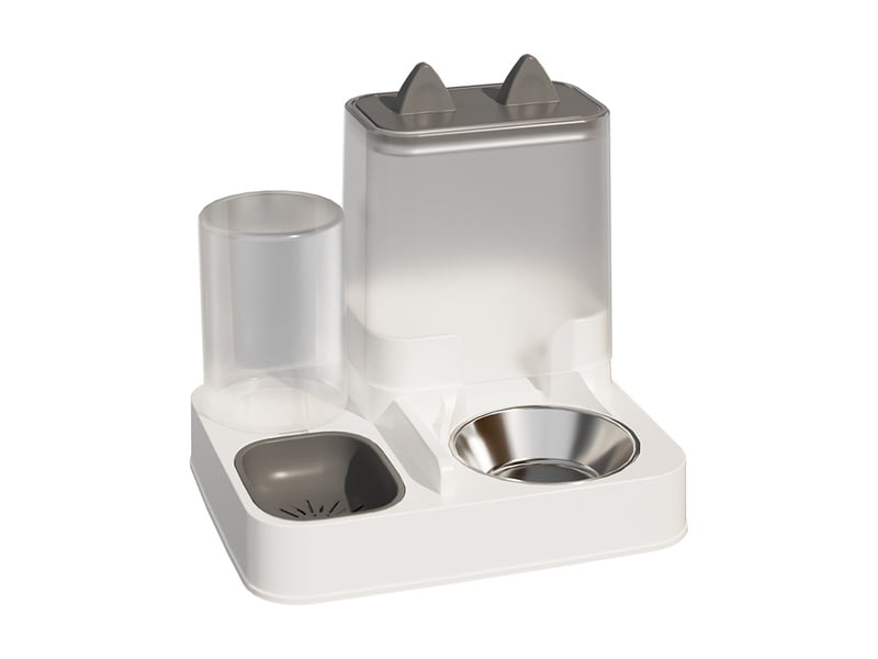 Gravity pet food and water dispenser with storage containers and two feeding bowls
