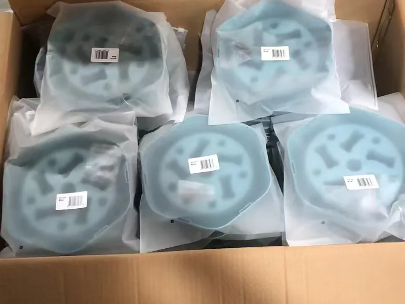 Individually bagged plastic slow-feeder pet bowls with barcode labels packed in a shipping carton