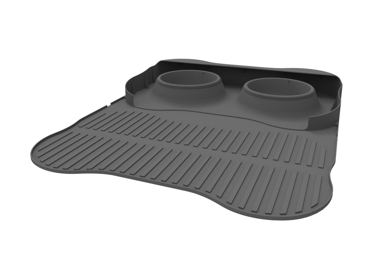 Black pet bowl and mat set with two feeding bowls and a ridged mat