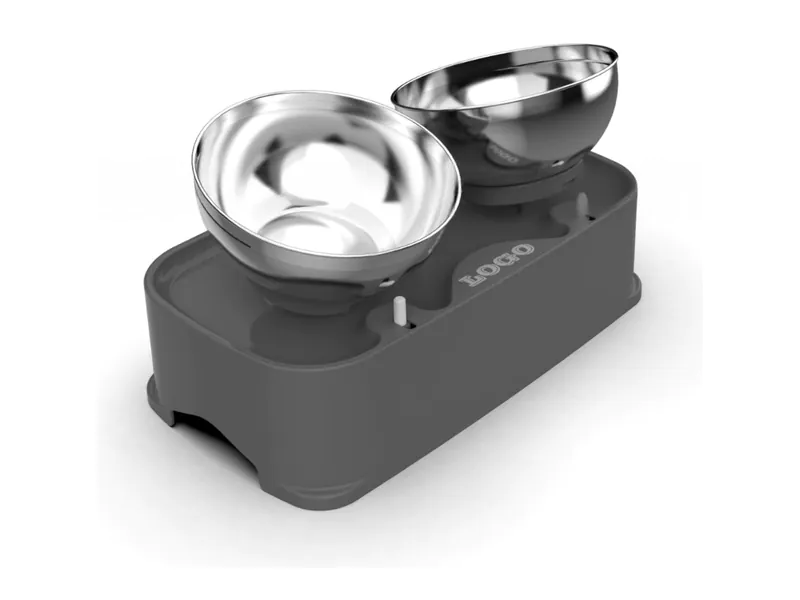 Double stainless steel pet bowls with a dark plastic feeding base