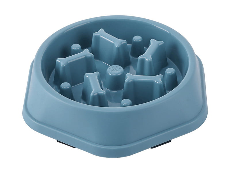 Blue plastic slow-feeder pet bowl with raised feeding obstacles