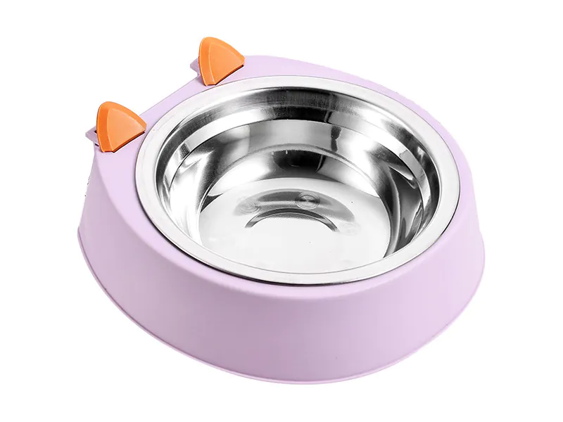Purple plastic pet bowl with a removable stainless steel inner bowl