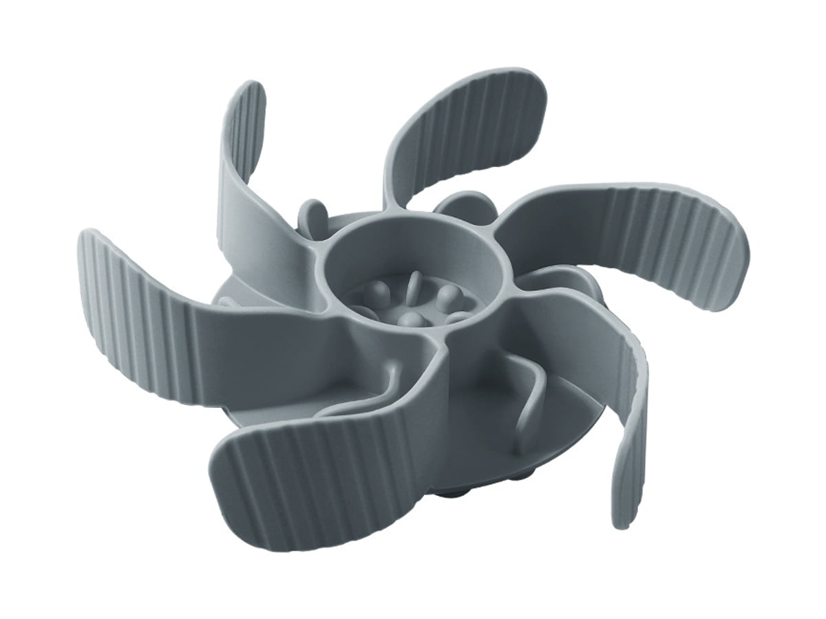 Gray slow-feeder bowl insert with curved radial dividers and a central feeding cup