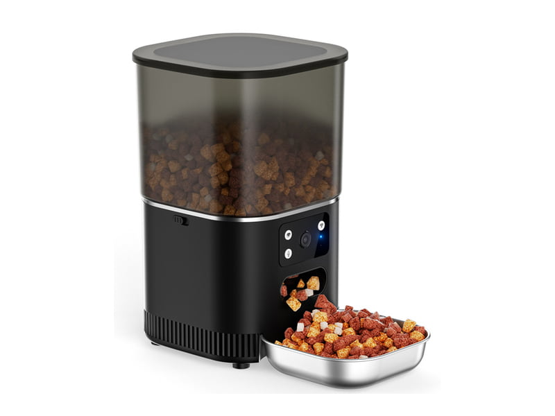 Black automatic pet feeder with a food storage hopper and stainless steel bowl