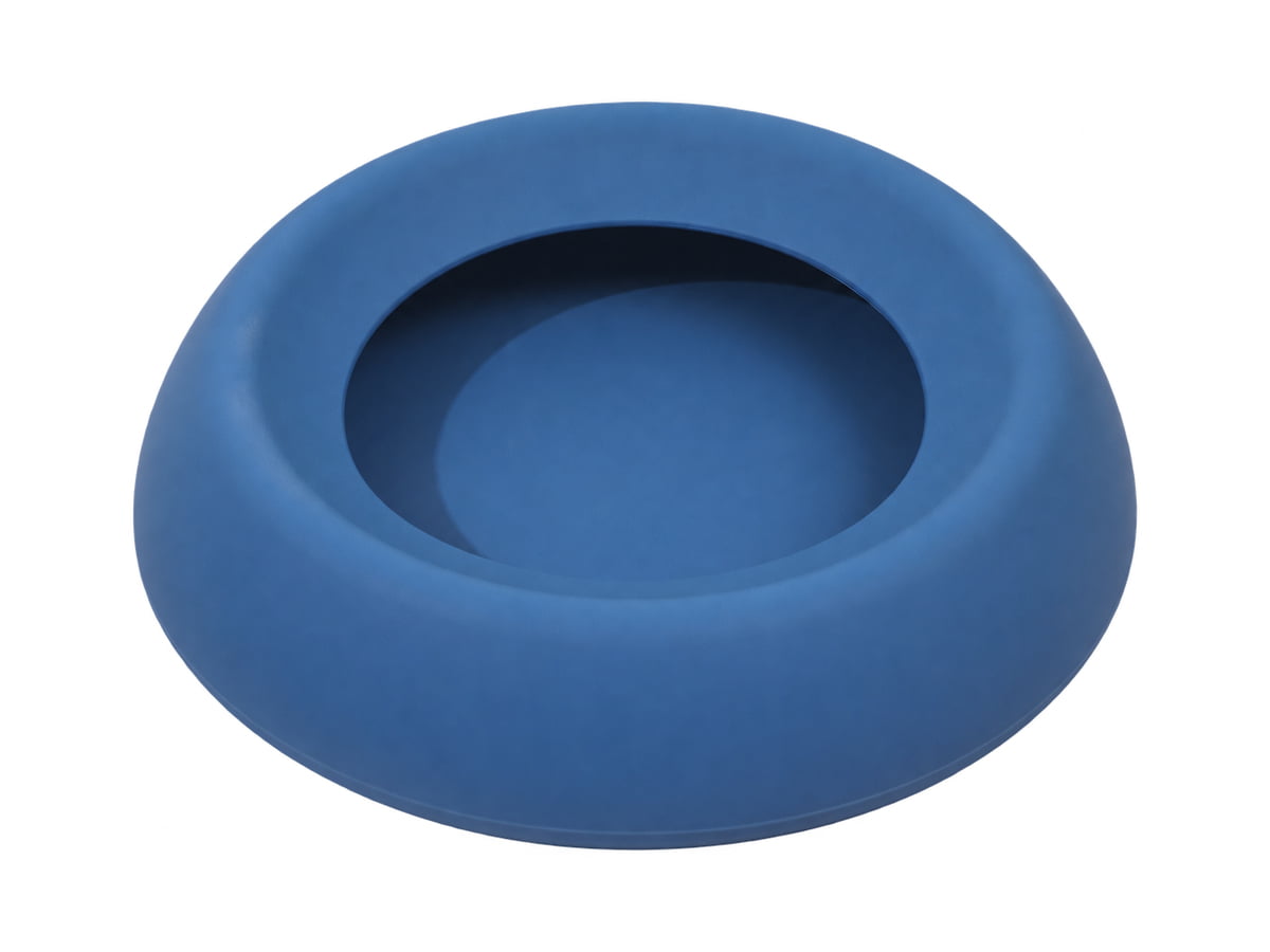 Blue pet feeding bowl with a broad rounded rim and smooth interior