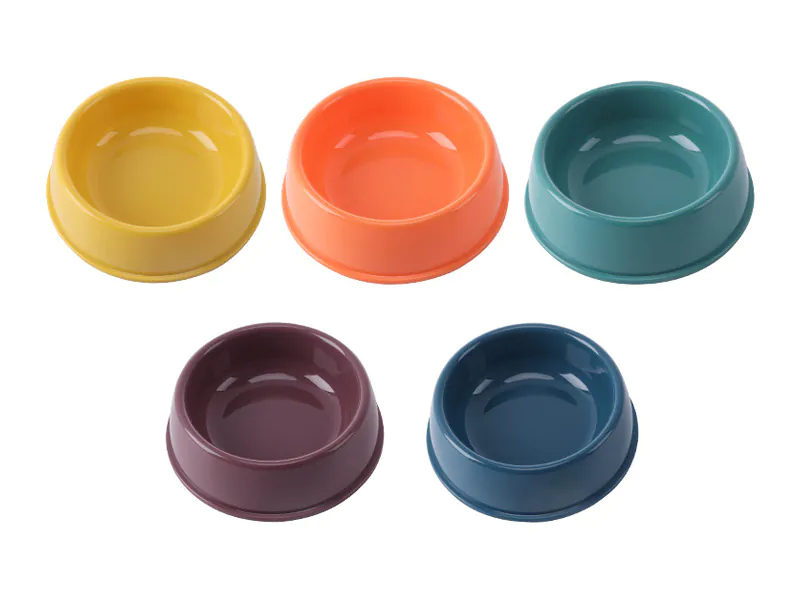 Unbranded plastic pet bowls in yellow, orange, teal, burgundy and navy