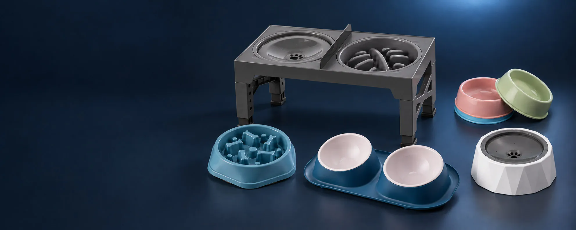 Plastic pet bowls for dogs and cats, including slow feeders, elevated bowls, double bowls and floating-disk water bowls